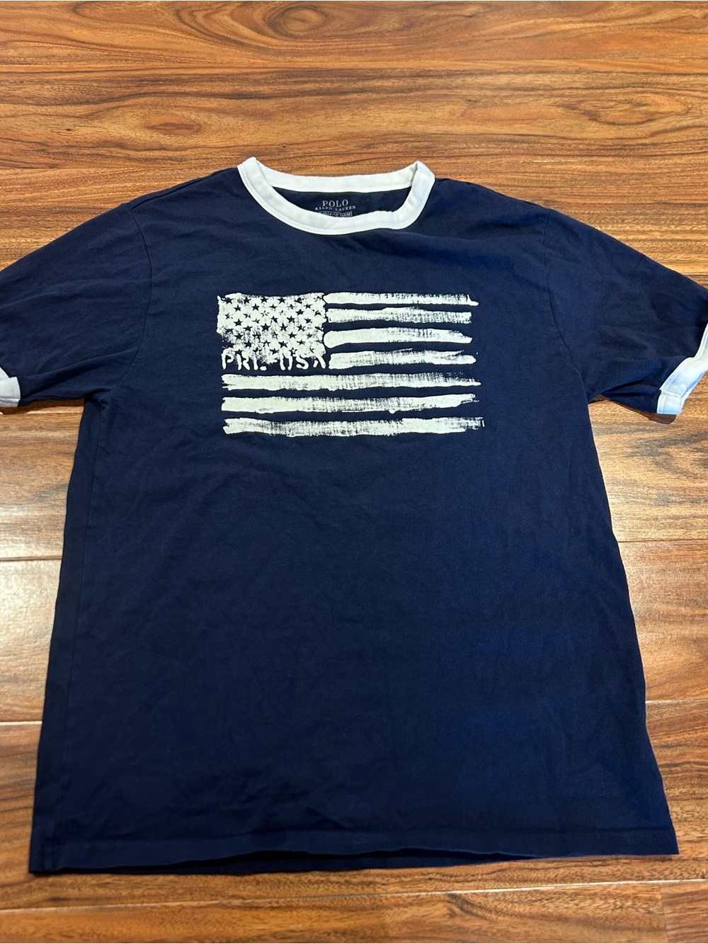 Polo Ralph Lauren blue white flag tee shirt boys large 14 16